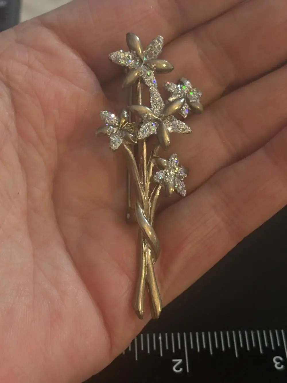 Vintage Rhinestone Flower Bouquet Brooch Silver Tone